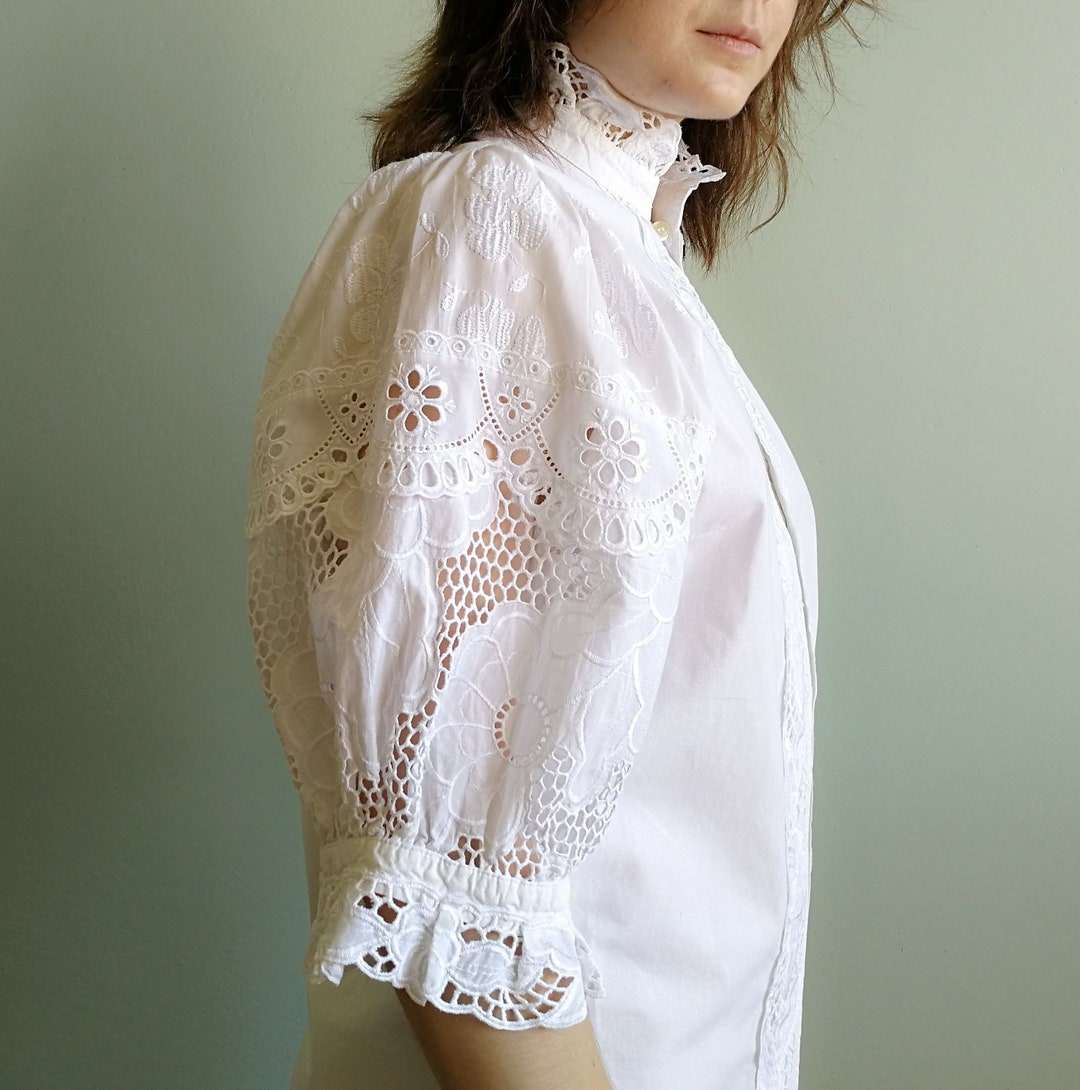 White Cotton Folk Blouse With Operated Puffed Sleeves With - Etsy