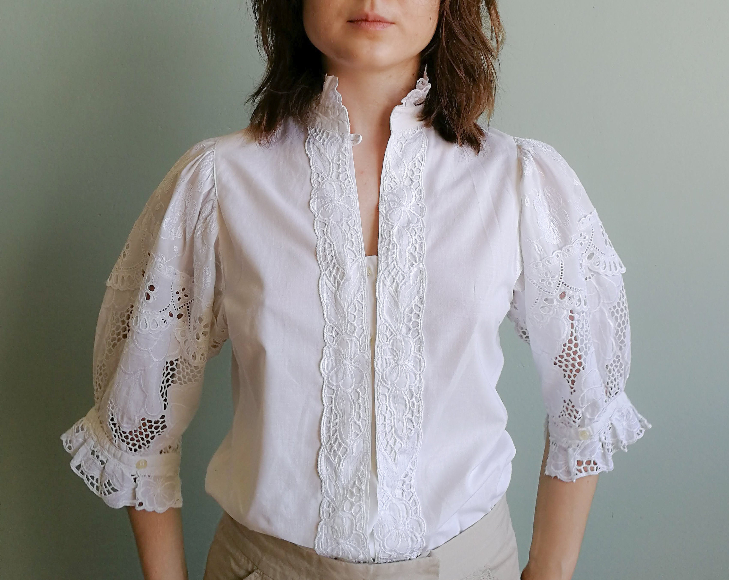 White Cotton Folk Blouse With Operated Puffed Sleeves With - Etsy