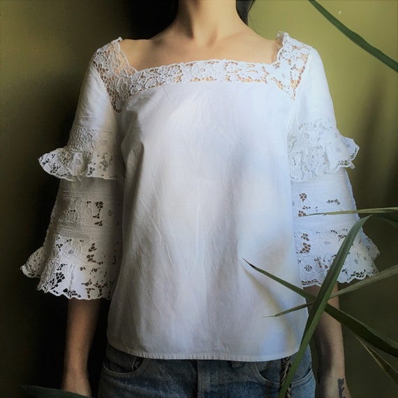 Antique white cotton embroidered folk blouse - rar