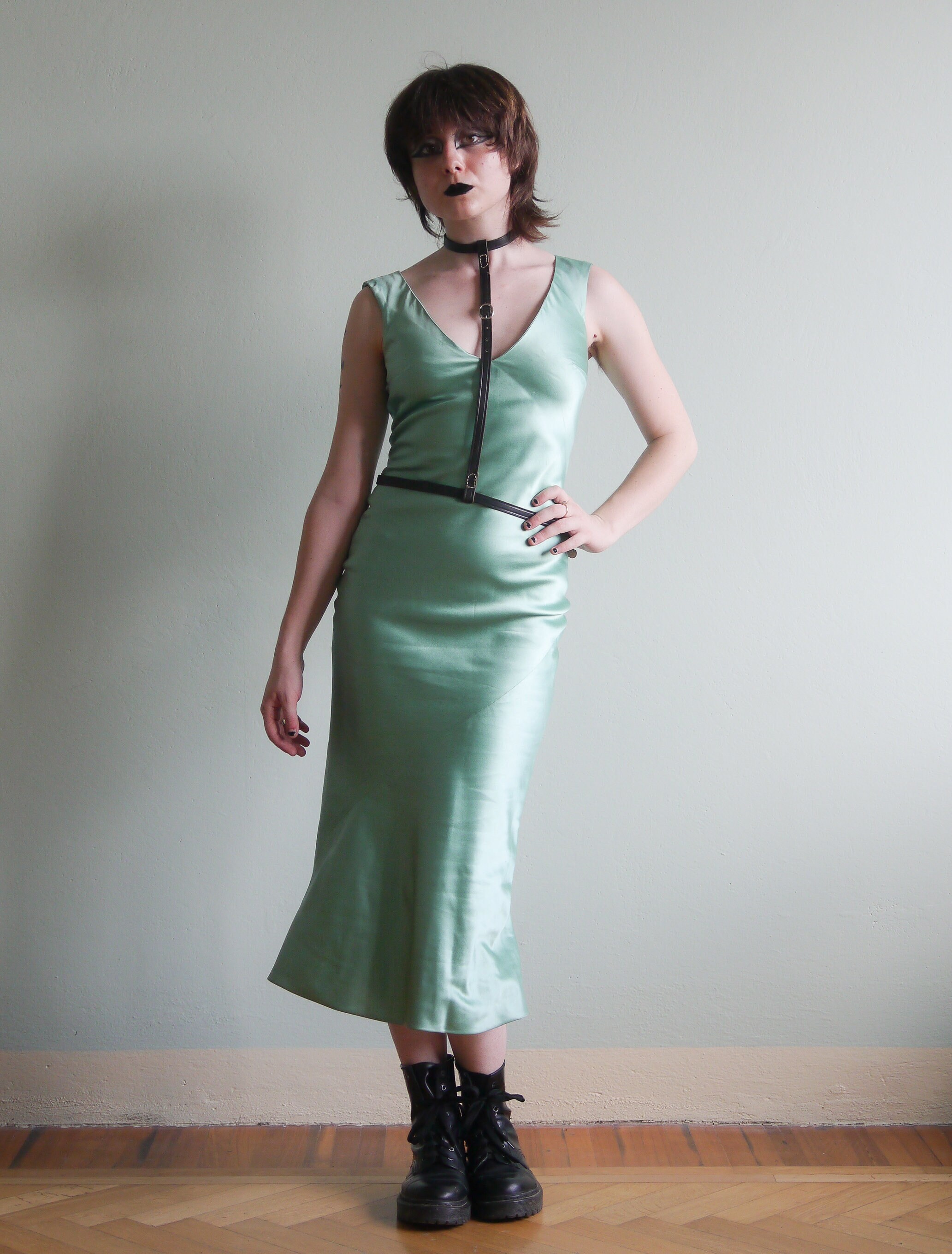 OLIVIER THEYSKENS FW 2001 Silk Duchesse Aqua Dress in Bias Cut  