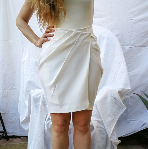 Stretch white silk satin wrapped skirt
