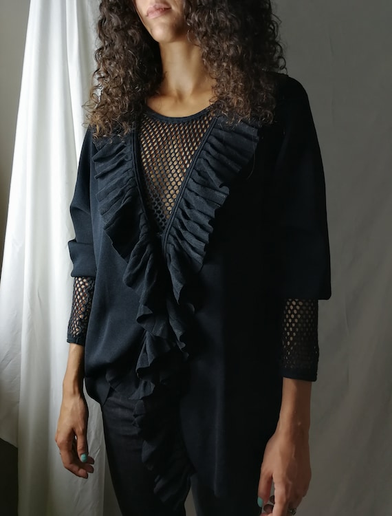 Black knitwear cardigan with ruffles