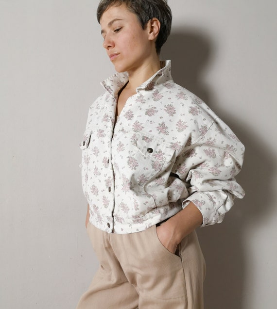 White denim jacket with tiny pink flowers print