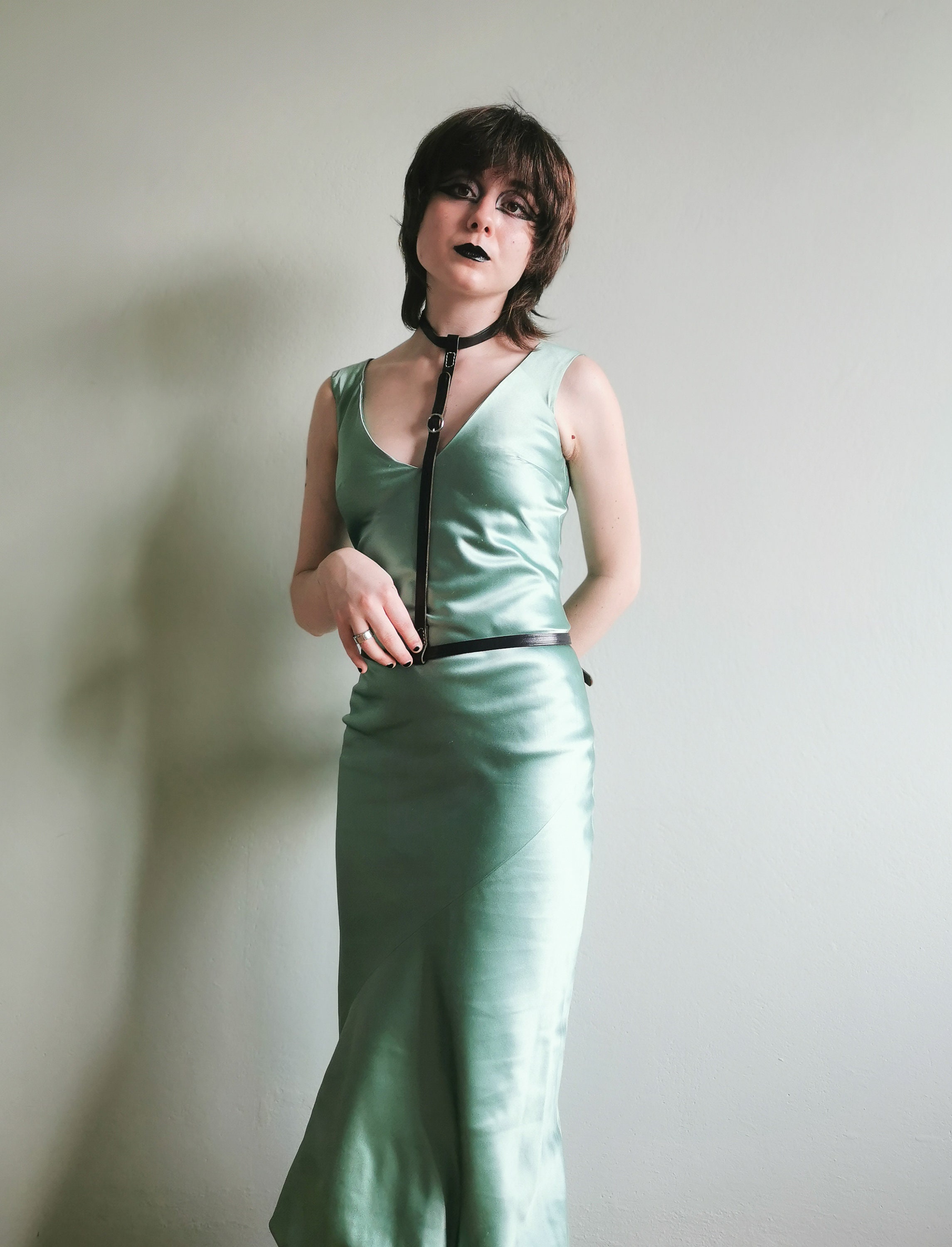 OLIVIER THEYSKENS FW 2001 Silk Duchesse Aqua Dress in Bias Cut  