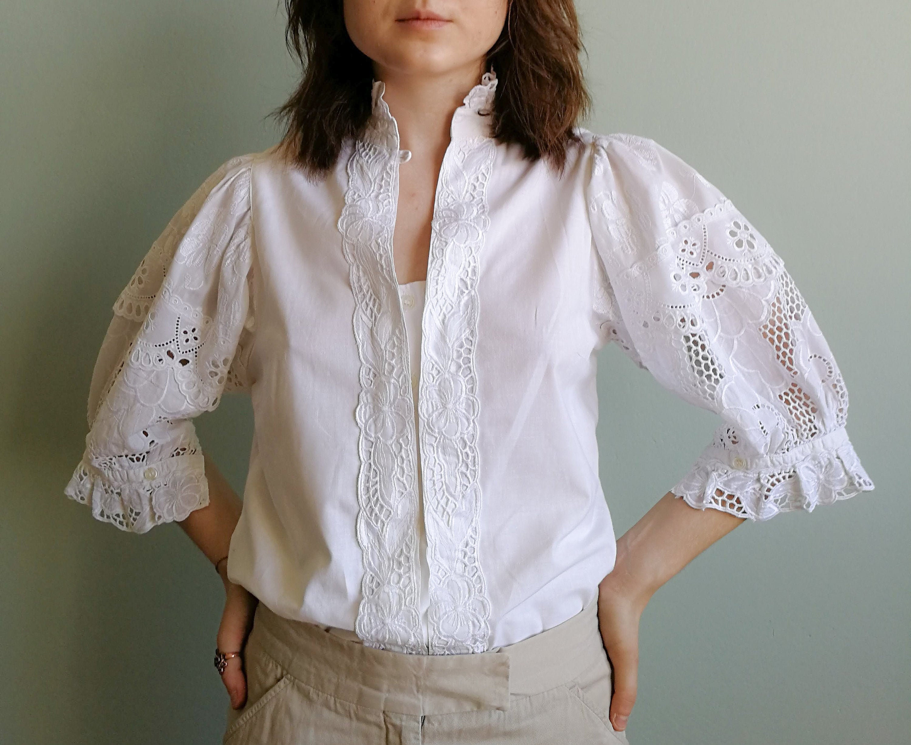 White Cotton Folk Blouse With Operated Puffed Sleeves With - Etsy