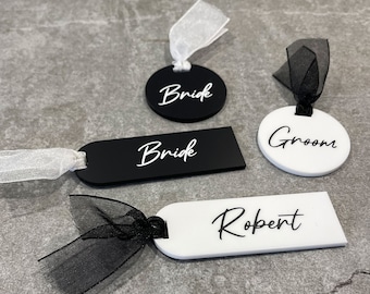 Acrylic Black & White Table Settings with Ribbon - Circle Arch Monochrome Script Font - Wedding Place Name Favours