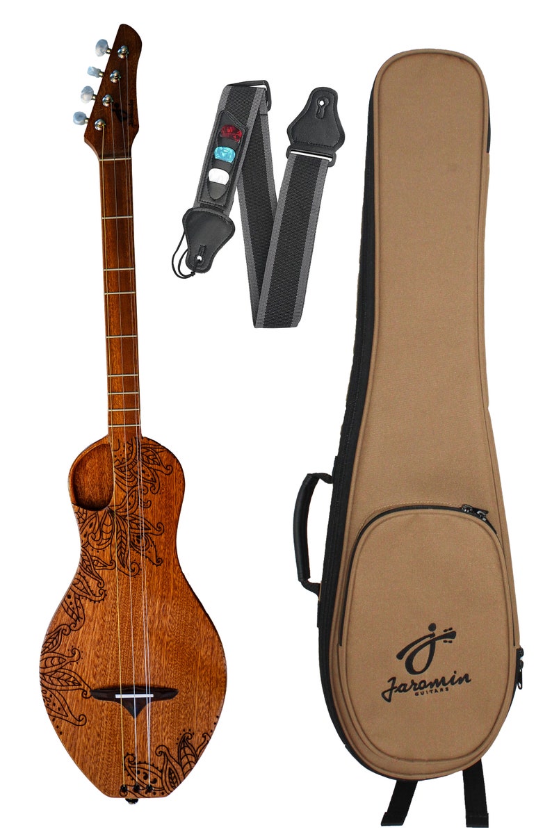 The Boondocker All Mahogany Walking Dulcimer with Henna-inspired Top and Offset Port-style Soundhole. with gig bag & strap