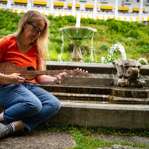 The Boondocker All Mahogany Walking Dulcimer with Henna-inspired Top and Offset Port-style Soundhole. image 7