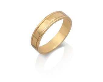 14K Yellow Gold Mens Wedding Band With Two Lines , Edgar Ring