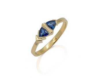 14K gold natural blue trillion sapphire ring , Kylie ring , CALIFORNIA SUNRISE COLLECTION , sapphire ring , 14k gold ring
