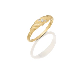 14K Yellow Gold 3 Natural White Diamonds Vintage Style Wedding Ring , Nora Three Diamonds Ring