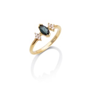 14K Yellow Gold Natural Marquise Blue Sapphire 8 White Diamonds Engagment Ring , Clara ring , Crown Collection