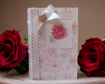 Hand embroidered postcard "Pink Rose" , cross stitched postcard