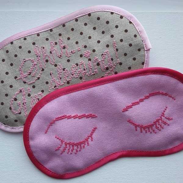 Sleep mask pink cross stitch handmade
