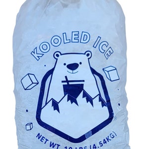 May include: A white plastic bag filled with ice cubes. The bag has a blue logo with a cartoon polar bear holding a glass of iced tea. The logo says "Kooled Ice" and "Net Wt. 10 lbs (4.54kg)".