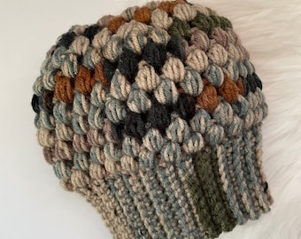 Gorro de moño desordenado, sombrero de invierno con agujero, gorro de moño, gorro de moño grueso, gat de invierno grueso, gorro de ganchillo, sombrero de color verde azulado oscuro, regalo de vacaciones hecho a mano