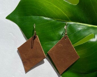 Diamond Shape Leather Earrings, Geometric Leather Earrings, Tan Leather Boho Earrings, Minimalist Leather Earrings