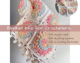 Manta de bebé de crochet estilo bohemio. INFORMACIÓN: Detalles de la lana y el cuadrado de la abuela Sunburst (archivo PDF).