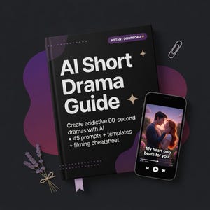 May include: A black book titled "AI Short Drama Guide" with white text and a star graphic. Next to it is a smartphone displaying a romantic scene with the text "My heart only beats for you...". A sprig of lavender and a paperclip are also present.
