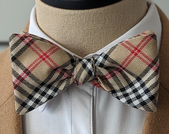 Designer Plaid Tan Self-Tie Bow Tie