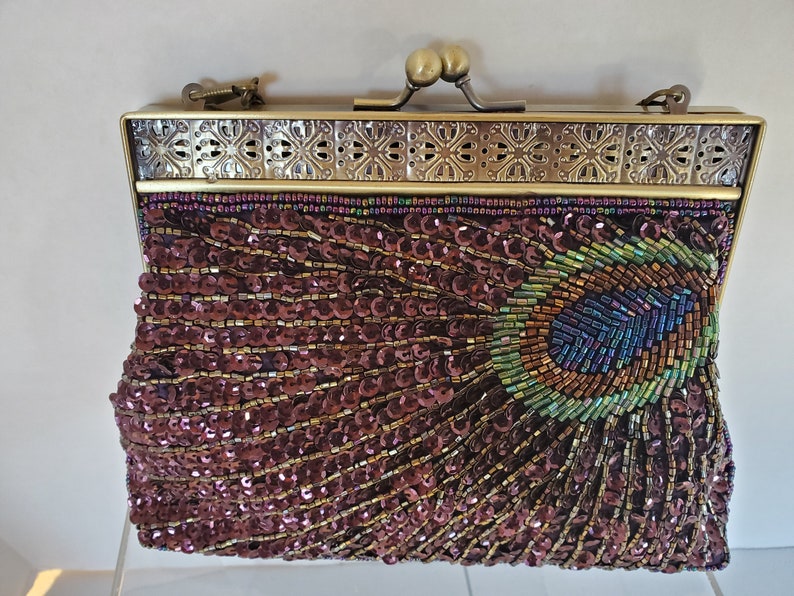 Vintage Beaded and Sequin Peacock Feather Purse