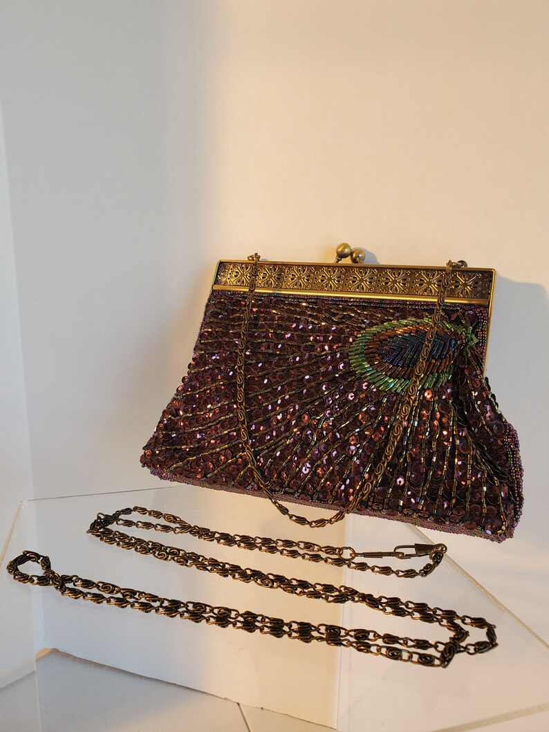 Vintage Beaded and Sequin Peacock Feather Purse
