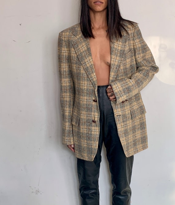 Wool Oversized Blazer, Grey Plaid