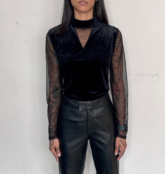 90s Sheer Mesh & Velvet Mock Neck Top