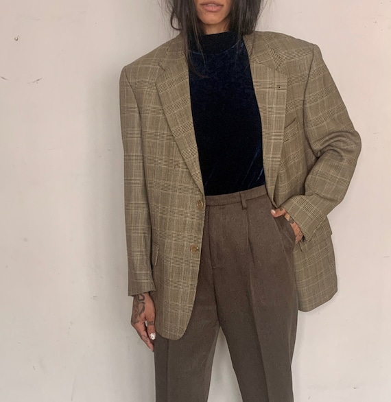Oversized Wool Blazer, Earth Tone Plaid