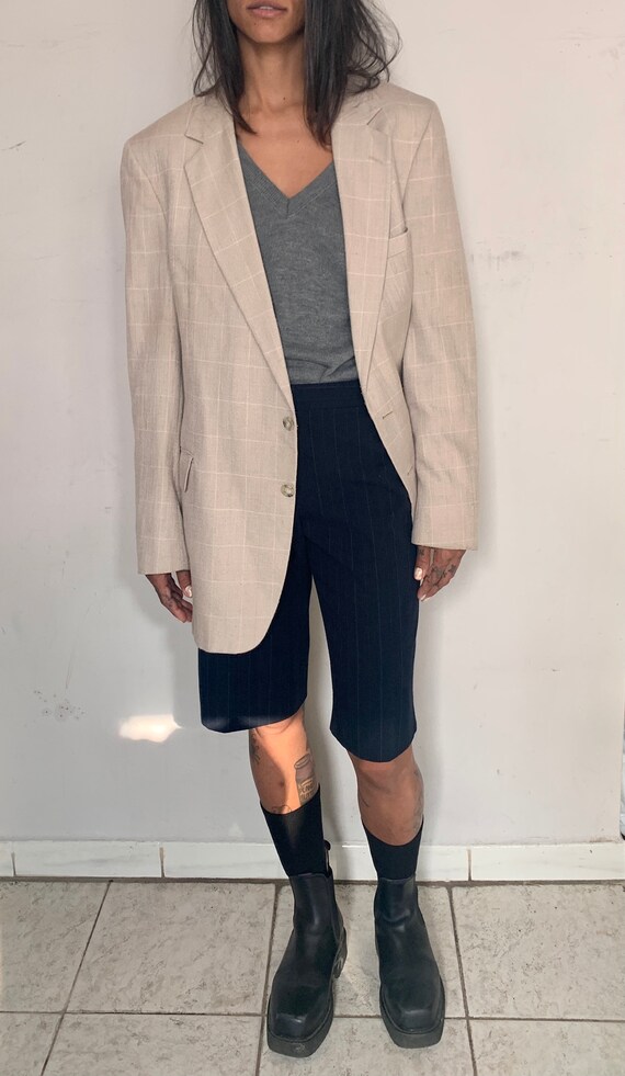 Raw Silk Oversized Blazer, Cream Plaid