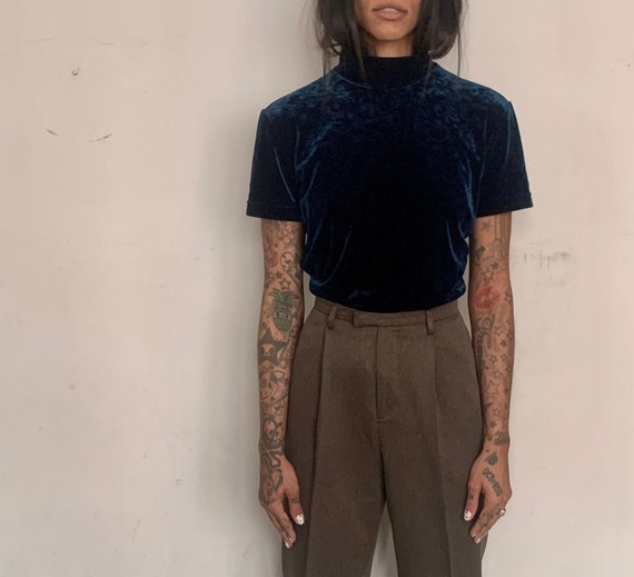 90s Velvet Mock Neck Top, Cerulean