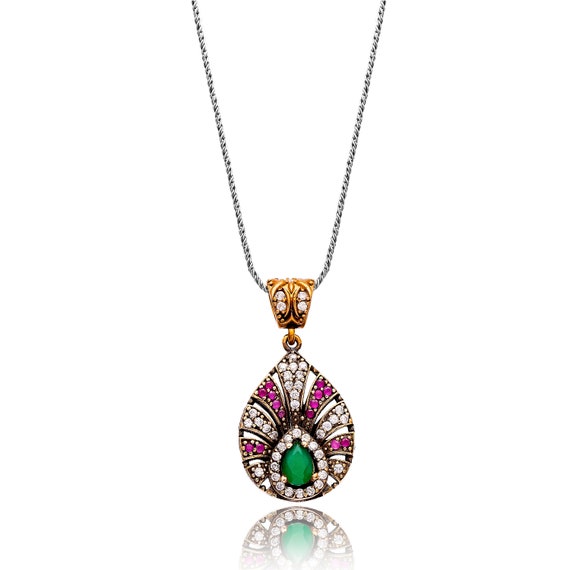 Emerald Necklace Ruby Gemstone Teardrop Pendant Sterling | Etsy