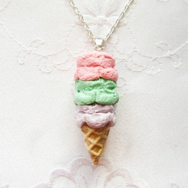 Collier de crème glacée, cornet de crème glacée, crème glacée, pendentif, pastel, nourriture, été, bijoux