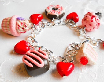 Valentines Day Bracelet, Valentines Charm Bracelet, Valentines Day, Valentine, Romantic, Love, Pink, Red, Dessert, Food, Candy, Polymer Clay