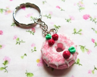Donut Keychain, Strawberry Donut Keychain, Pink Donut, Keychain, Cute Keychain, Strawberries
