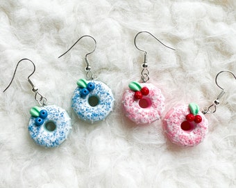 Donut Earrings, Strawberry, Blueberry, Miniature Food, Donut, Earrings