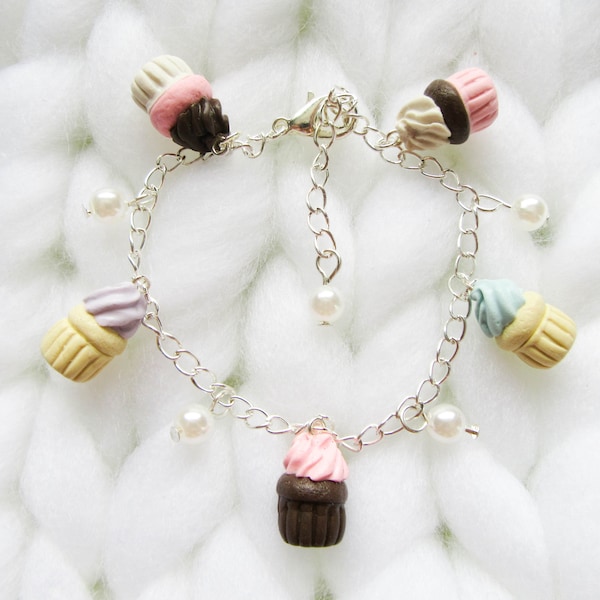 Bracelet à breloques Cupcake, Bracelet Cupcake, Bijoux alimentaires, Bracelet mignon, Cupcakes, Nourriture miniature