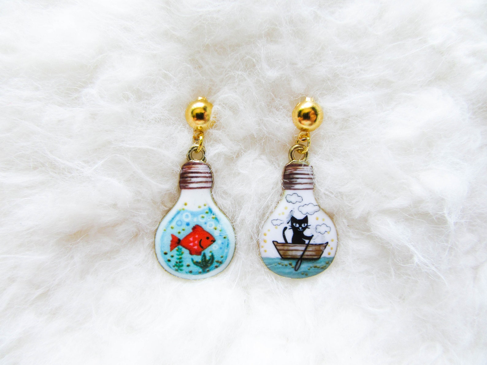 Whimsical Fish Bowl Earrings Cat Earrings Fish Earrings Etsy