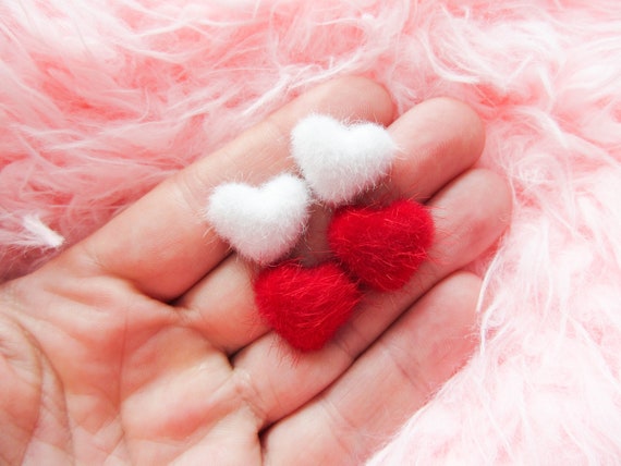 Fuzzy Heart Earrings Heart Studs Pink Heart Red Heart Cute