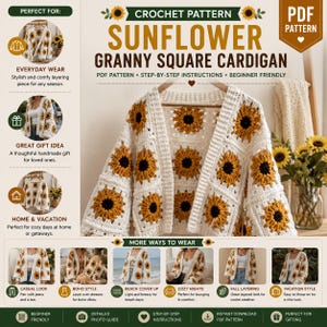 Patroon voor een Grandma Square gehaakt vest met zonnebloemmotief (PDF-download)