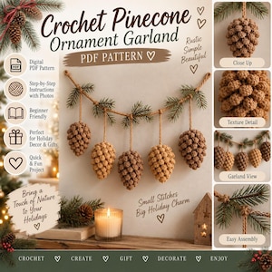 Op de afbeelding: Een digitaal PDF-patroon voor een gehaakte dennenappel-ornamentenslinger. De afbeelding toont vijf bruine gehaakte dennenappels hangend aan een rustiek touw versierd met groene dennennaalden. Tekst bevat: Crochet Pinecone Ornament Garland.