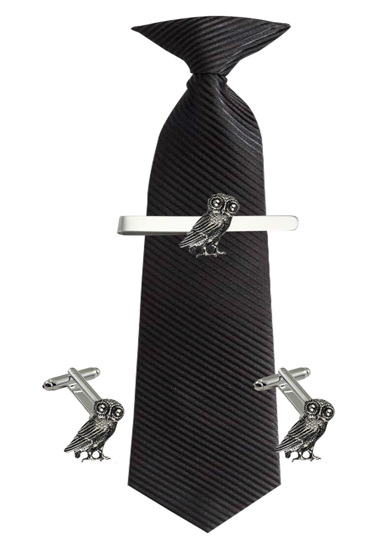WA478 Mini Greek Owl 1.5cm X 1.7cm Cufflinks Tie slide or the set lead free English Pewter handmade in Sheffield uk