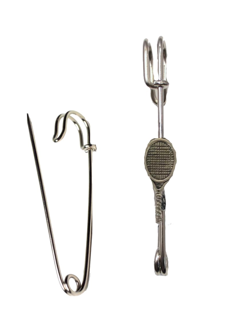 Tennis Racket on a 3 inch Kilt Pin Brooch for Scarves lead free English Pewter handmade in Sheffield uk Q259 Hats etc