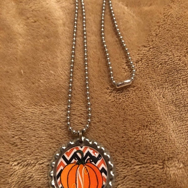 Chevron Pumpkin Monogram "N" Bottlecap Necklace Handmade