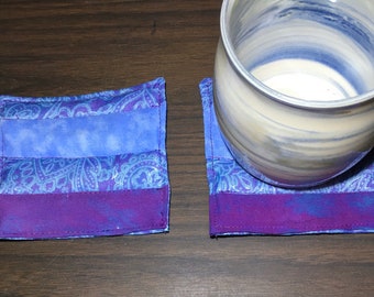 Petite Pair of Purple and Periwinkle Paisley Pieced Handmade Quilted Coasters