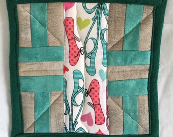Quilted Ballet Slippers Handmade Miniature Art Quilt Pink Green Gray