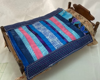 1/12 Dollhouse Modern Lap or Sofa Quilt Pieced Handmade and Machine Quilted Blue Patchwork striped reversible
