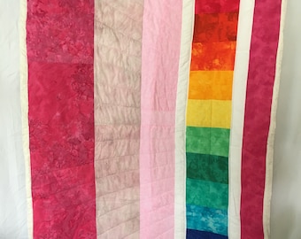 Hot Pink to Soft Rose Rainbow Throw Lap Sofa Quilt LGBTQ Pride Handmade Quilted