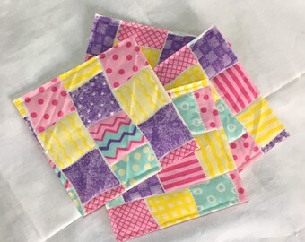 Lightweight Rag Edge Handmade Quilted Easter Springtime Coaster Mug Rug Set of Four Tea Party Purple Pink Yellow Green