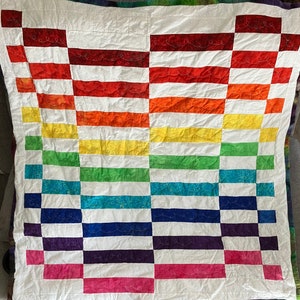 Rainbow Baby quilt Offset Pattern Lap or Sofa Quilt Handmade Blue Purple Yellow Green Red Orange Free Shipping